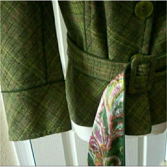 TWEED BLAZER BELTED TAILORED GREEN WOOL BLEND BELTED COAT SIZE 12 WOMENS SZ 12 - Picture 3 of 7